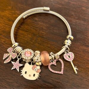 Hello Kitty Silver Charm Bracelet w/Pink Accents & Key, Heart, Bow, Star Charms